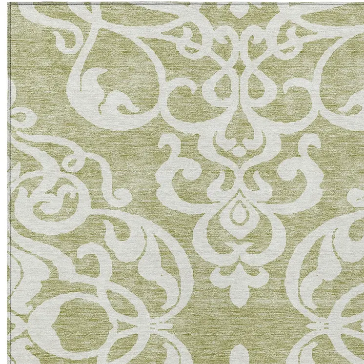 3' X 5' Sage And Ivory Damask Washable Indoor Outdoor Area Rug