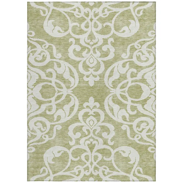 5' X 8' Sage And Ivory Damask Washable Indoor Outdoor Area Rug