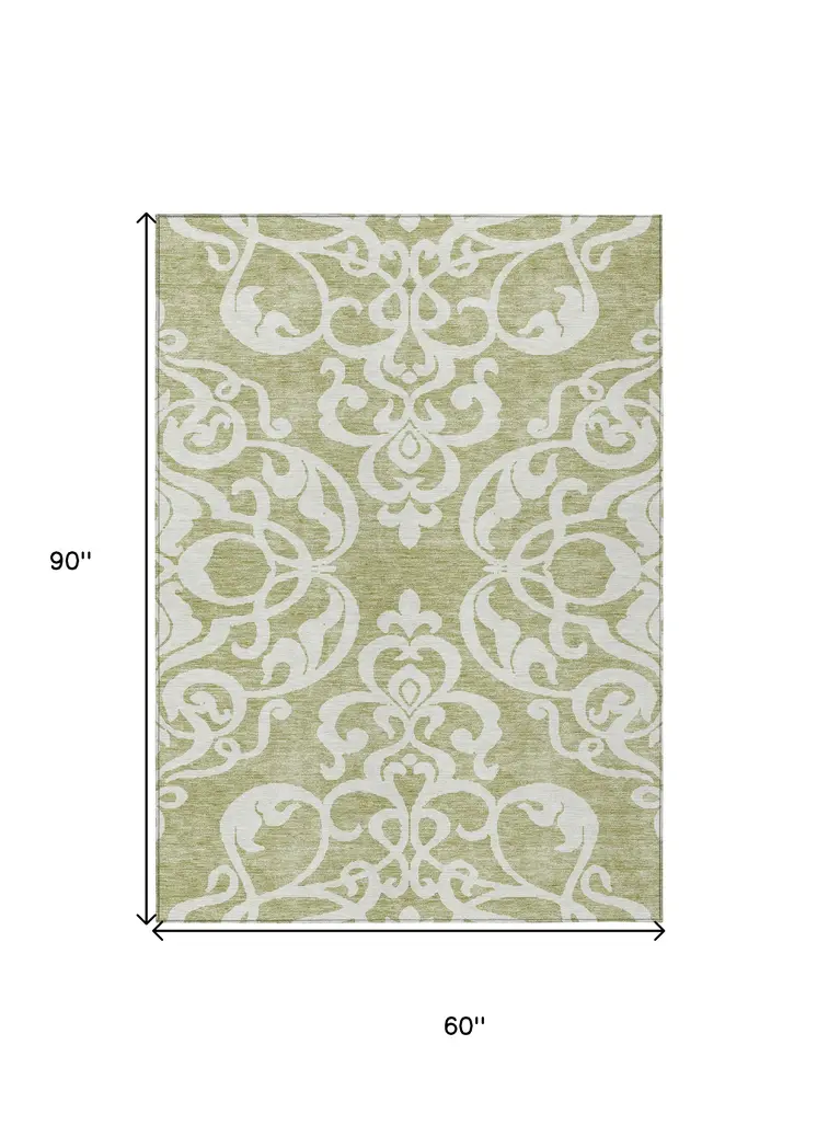 5' X 8' Sage And Ivory Damask Washable Indoor Outdoor Area Rug