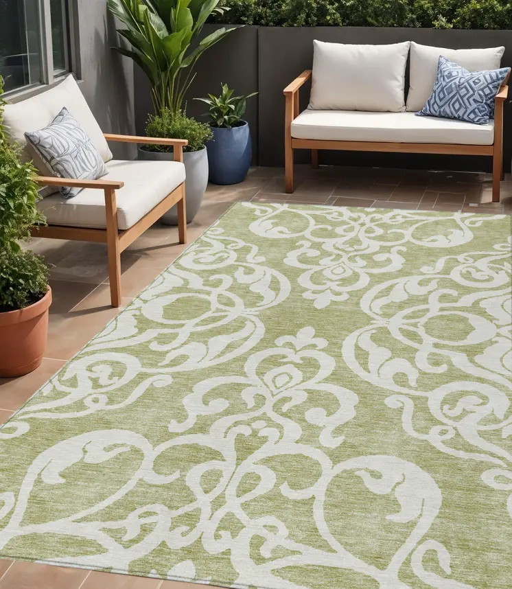 5' X 8' Sage And Ivory Damask Washable Indoor Outdoor Area Rug