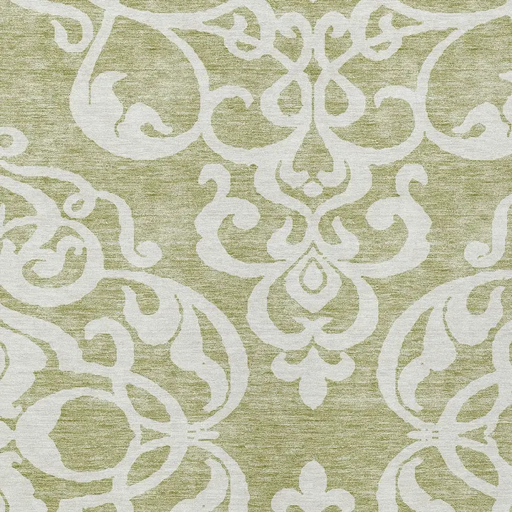 5' X 8' Sage And Ivory Damask Washable Indoor Outdoor Area Rug