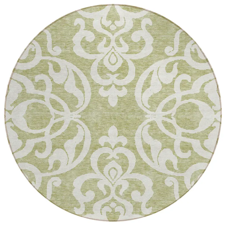 8' Sage And Ivory Round Damask Washable Indoor Outdoor Area Rug