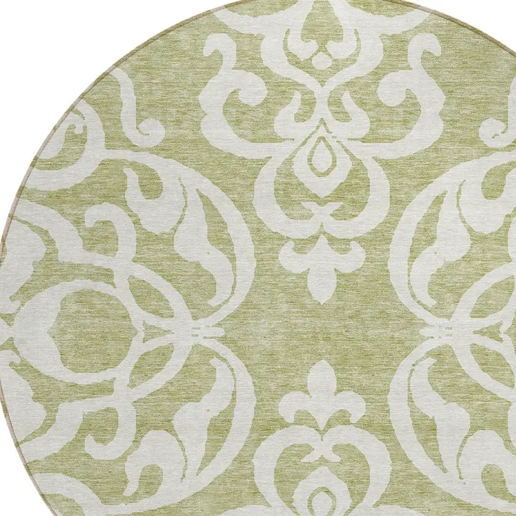 8' Sage And Ivory Round Damask Washable Indoor Outdoor Area Rug