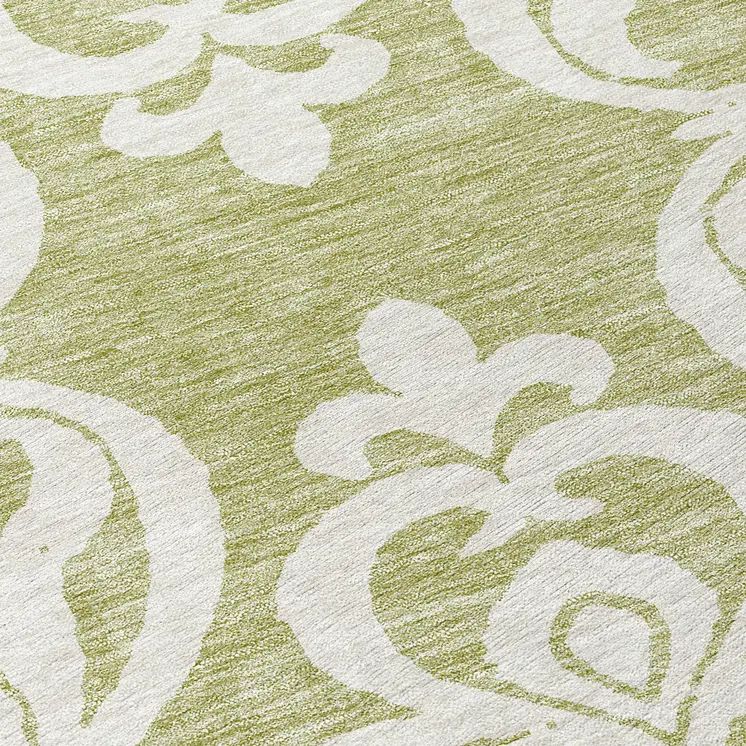 8' Sage And Ivory Round Damask Washable Indoor Outdoor Area Rug