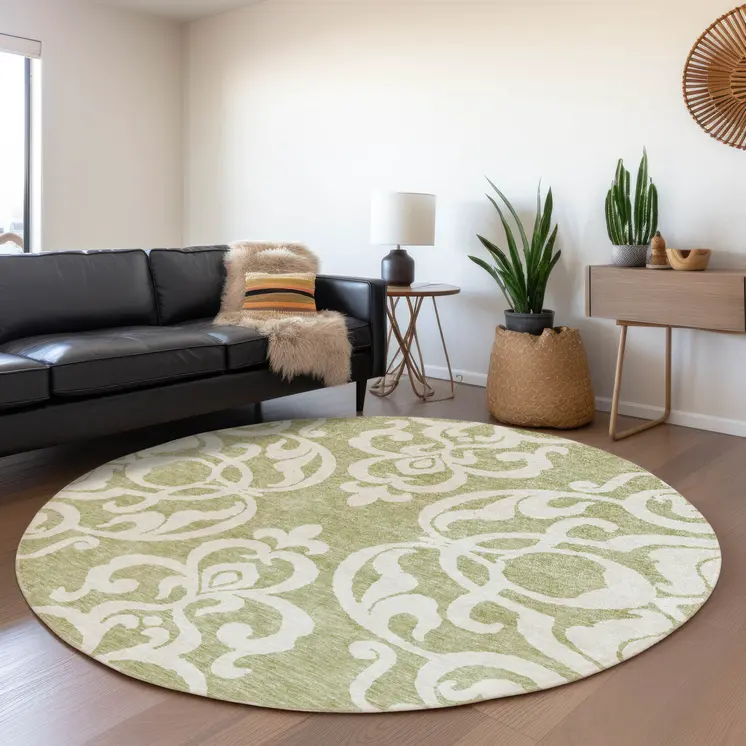 8' Sage And Ivory Round Damask Washable Indoor Outdoor Area Rug