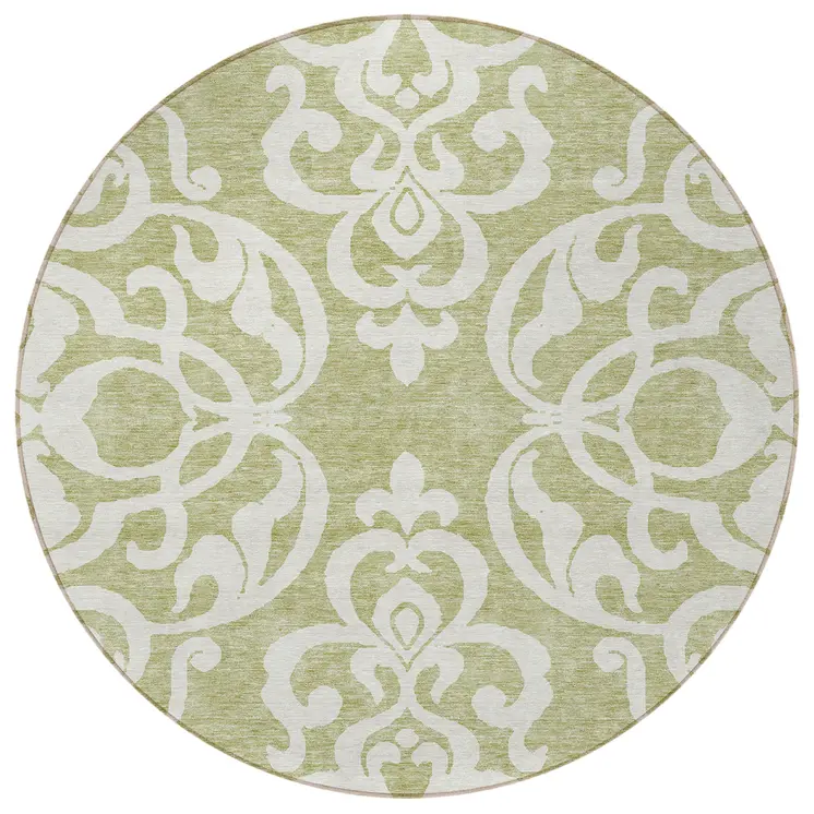 8' Sage And Ivory Round Damask Washable Indoor Outdoor Area Rug