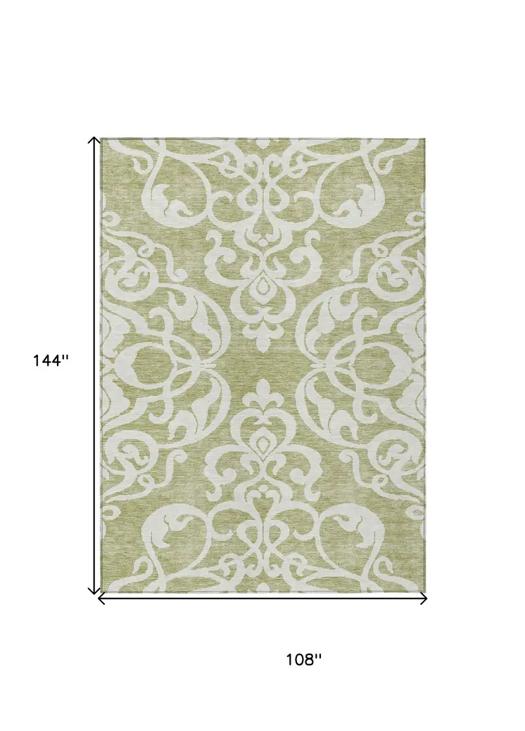 9' X 12' Sage And Ivory Damask Washable Indoor Outdoor Area Rug