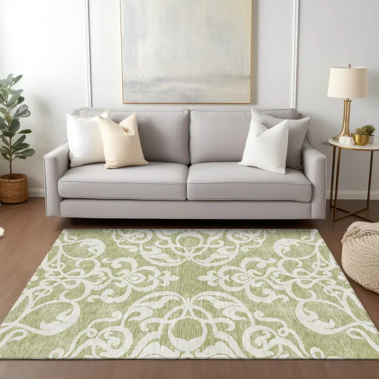 9' X 12' Sage And Ivory Damask Washable Indoor Outdoor Area Rug