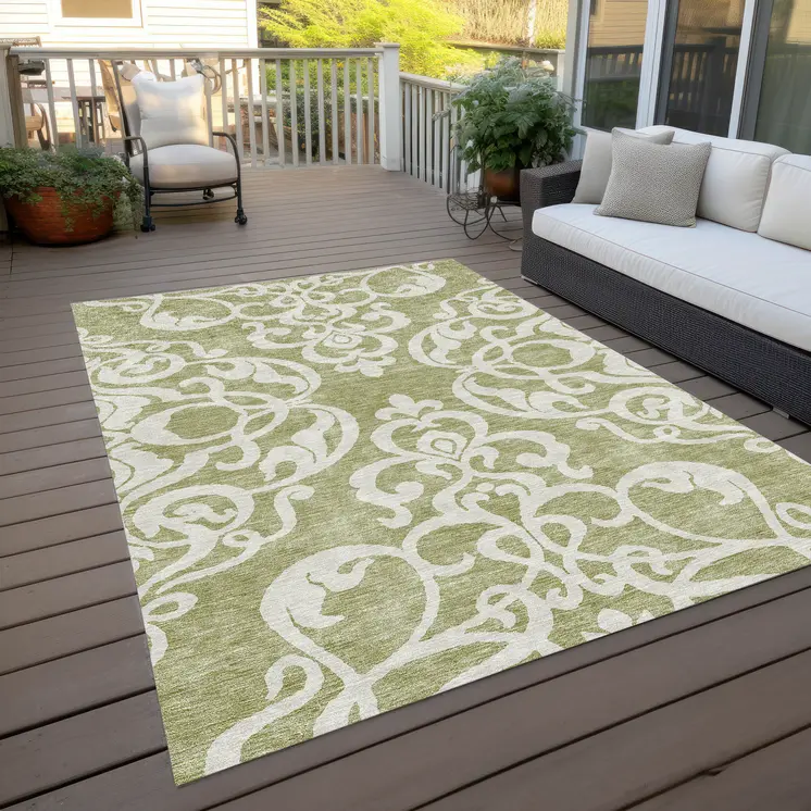 10' X 14' Sage And Ivory Damask Washable Indoor Outdoor Area Rug