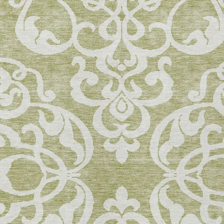 10' X 14' Sage And Ivory Damask Washable Indoor Outdoor Area Rug