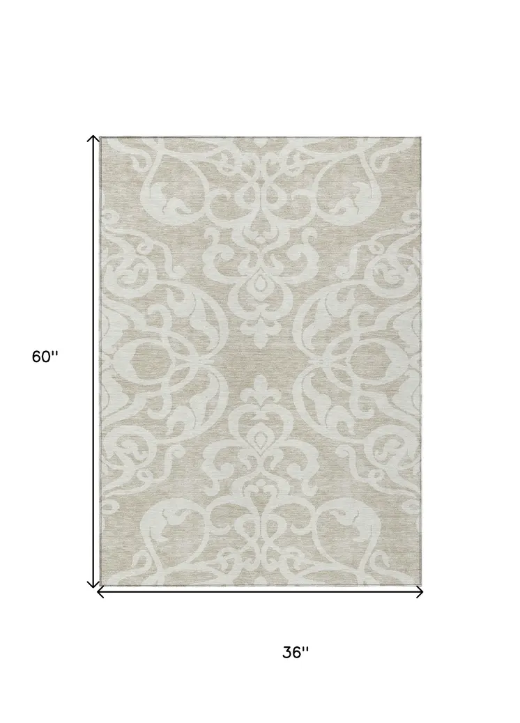 3' X 5' Beige And Ivory Damask Washable Indoor Outdoor Area Rug