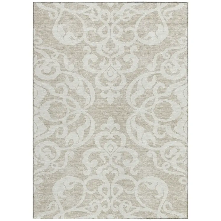5' X 8' Beige And Ivory Damask Washable Indoor Outdoor Area Rug