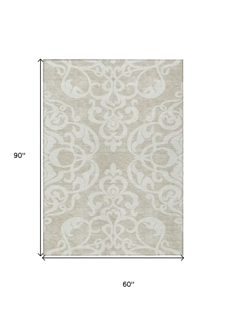 5' X 8' Beige And Ivory Damask Washable Indoor Outdoor Area Rug