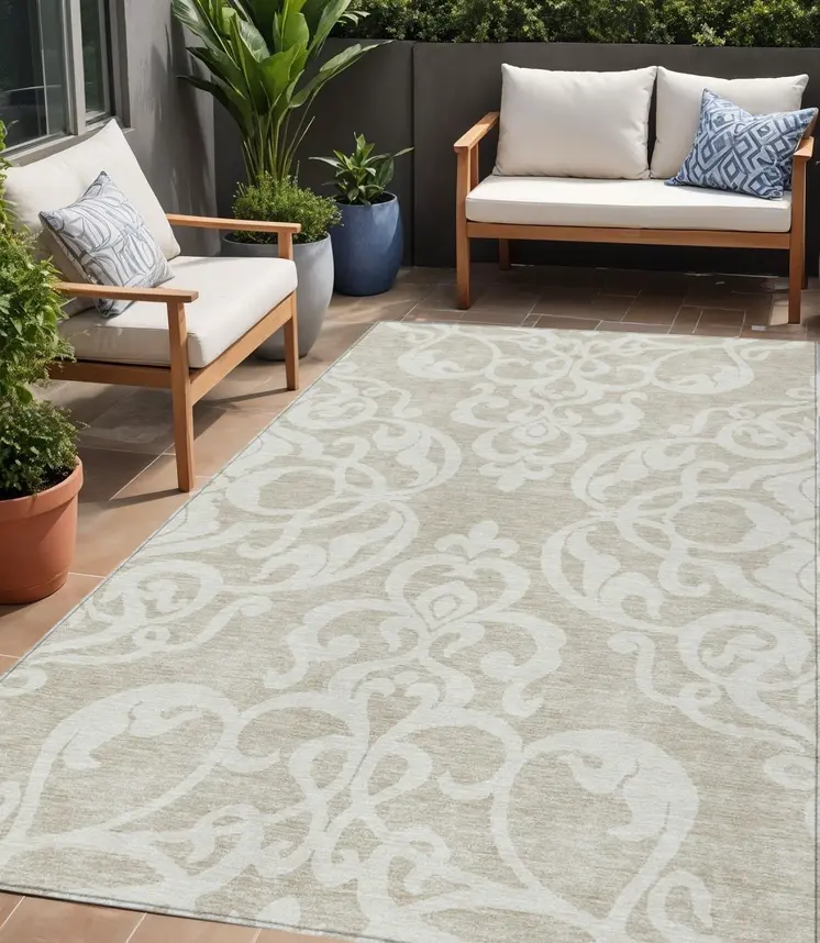 5' X 8' Beige And Ivory Damask Washable Indoor Outdoor Area Rug