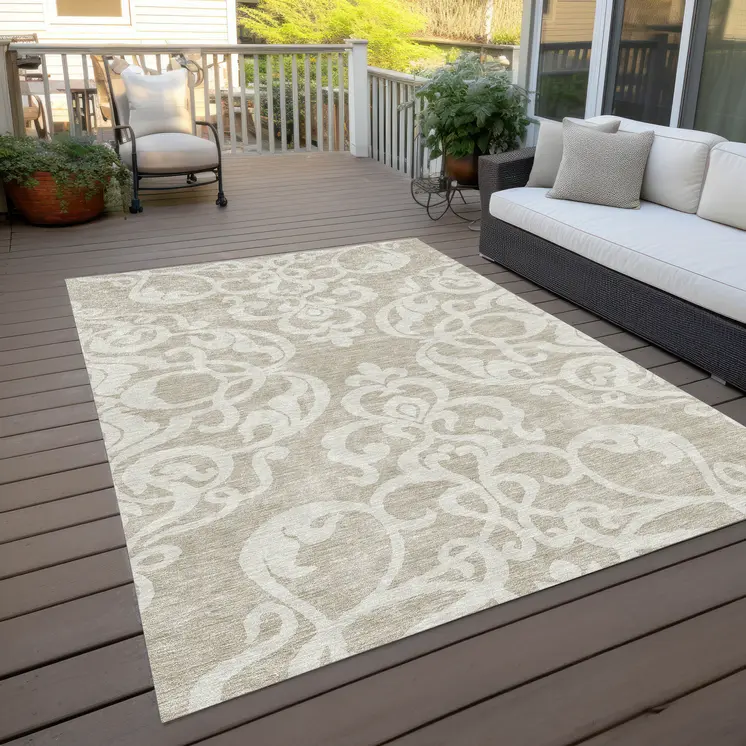 5' X 8' Beige And Ivory Damask Washable Indoor Outdoor Area Rug