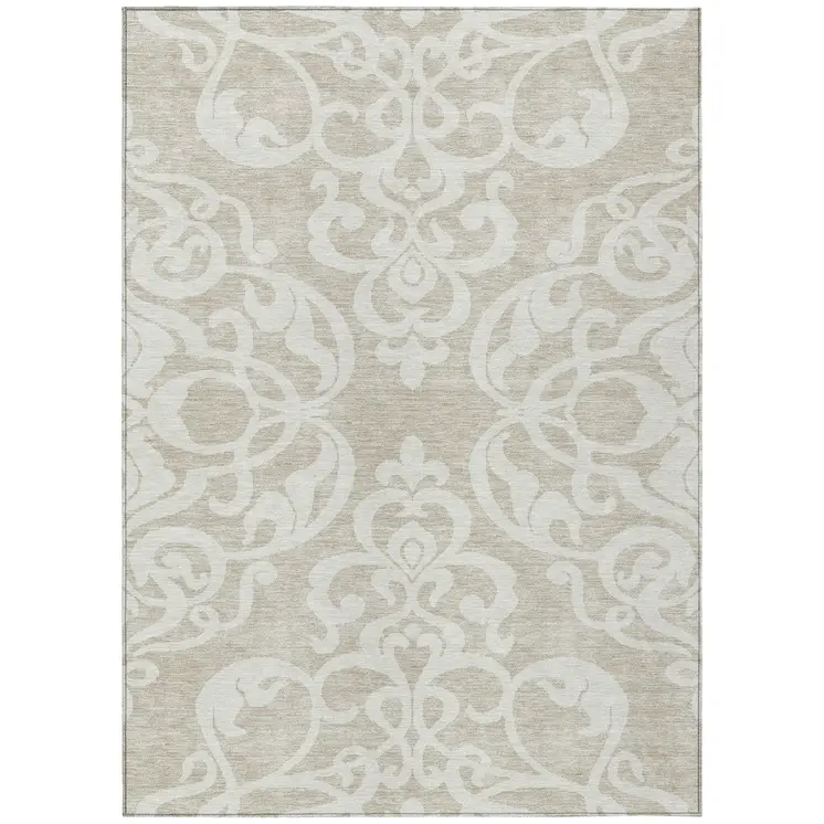 5' X 8' Beige And Ivory Damask Washable Indoor Outdoor Area Rug
