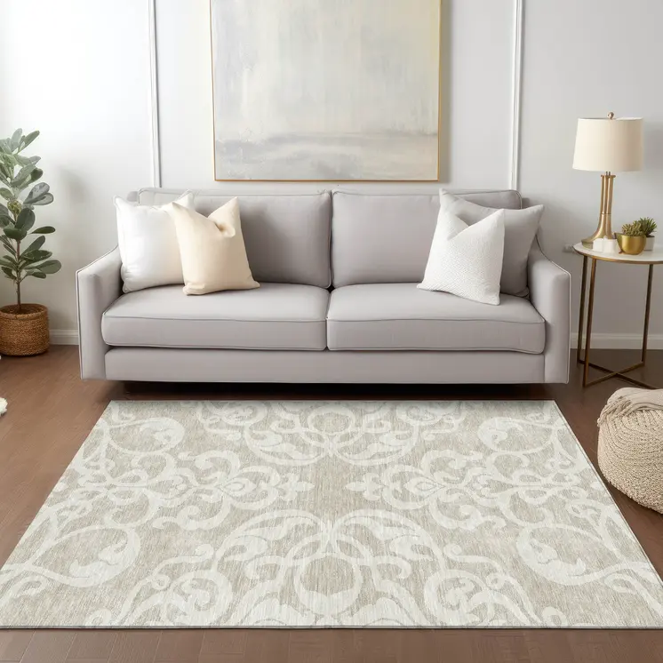 5' X 8' Beige And Ivory Damask Washable Indoor Outdoor Area Rug