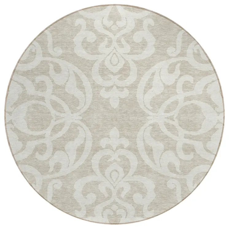 8' Beige And Ivory Round Damask Washable Indoor Outdoor Area Rug