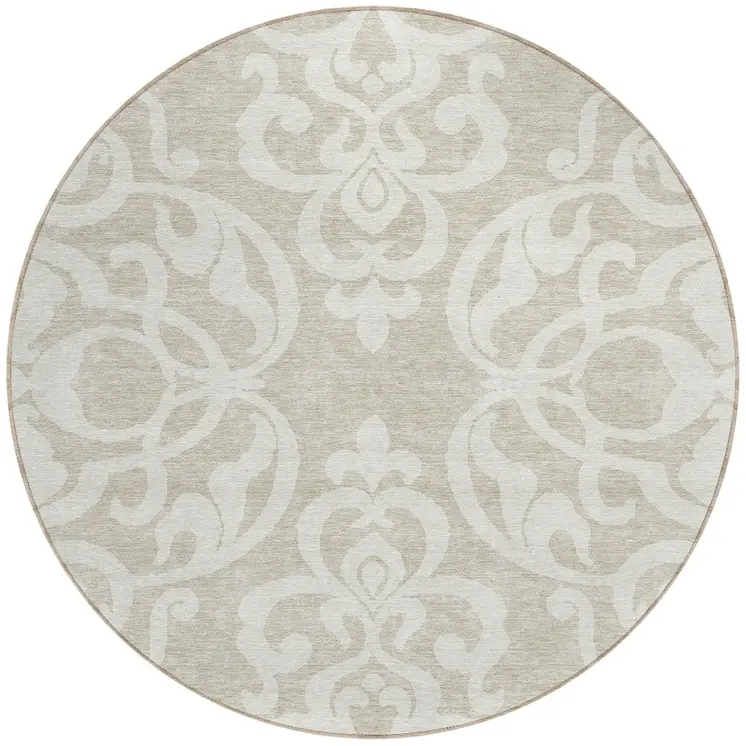 8' Beige And Ivory Round Damask Washable Indoor Outdoor Area Rug