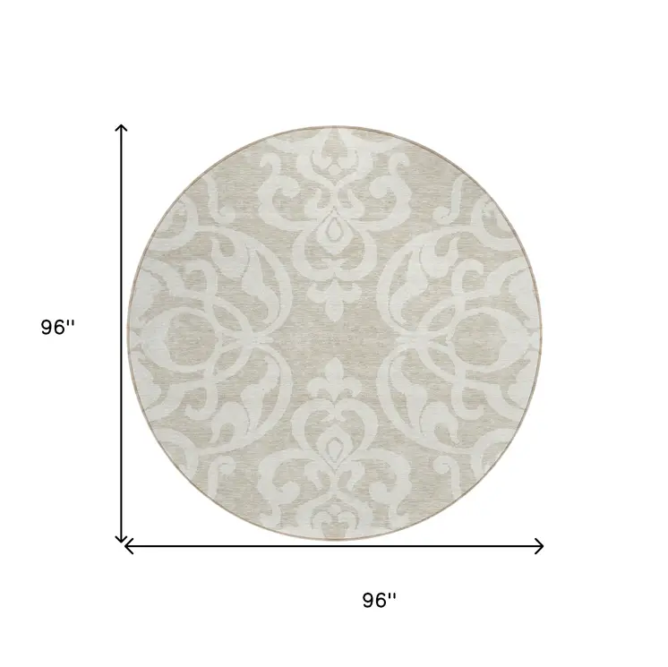 8' Beige And Ivory Round Damask Washable Indoor Outdoor Area Rug