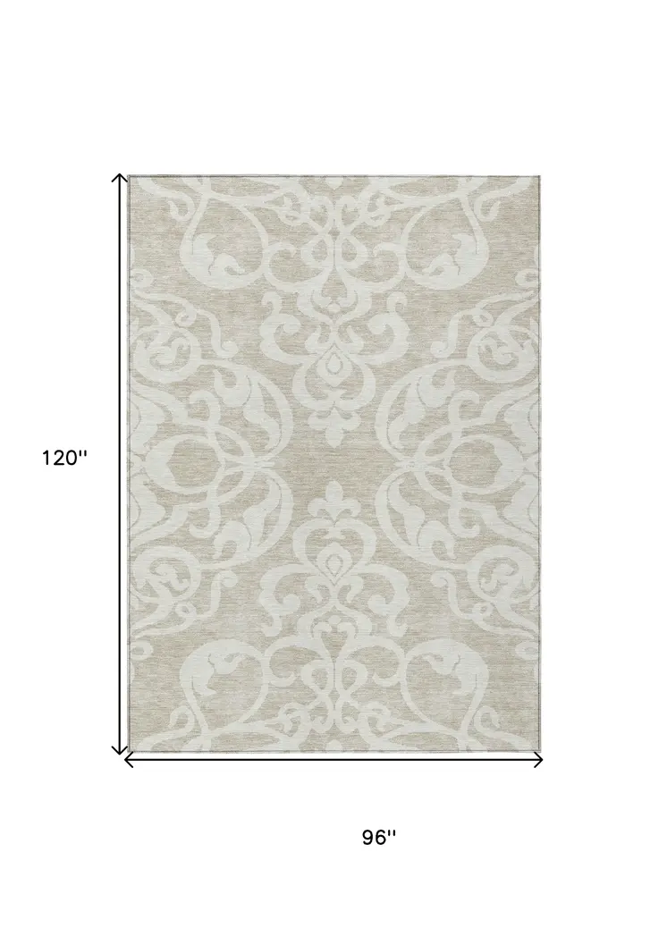 8' X 10' Beige And Ivory Damask Washable Indoor Outdoor Area Rug
