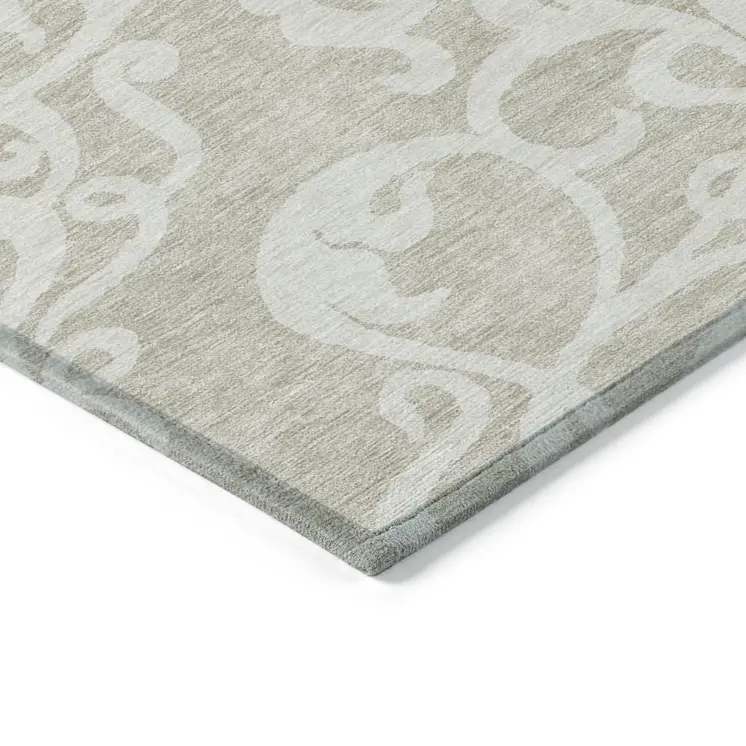 9' X 12' Beige And Ivory Damask Washable Indoor Outdoor Area Rug