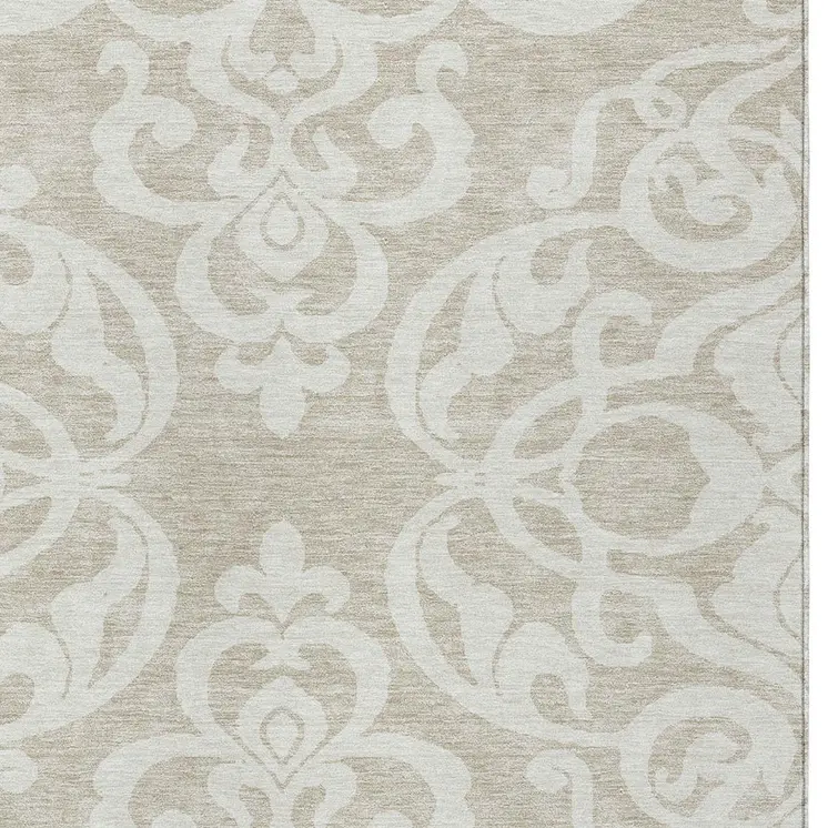 9' X 12' Beige And Ivory Damask Washable Indoor Outdoor Area Rug