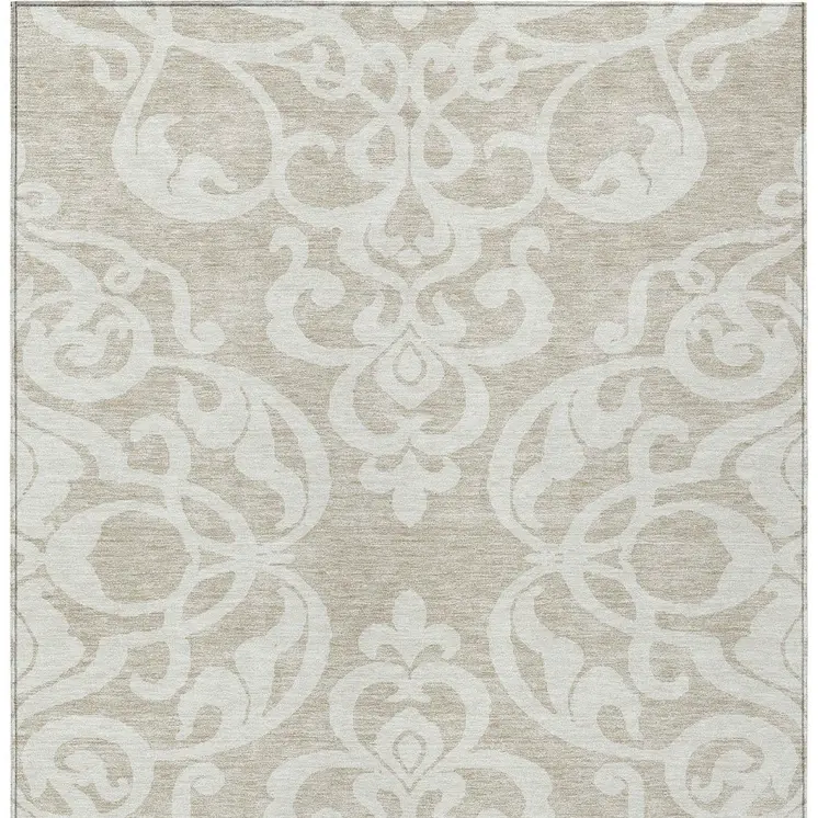 10' X 14' Beige And Ivory Damask Washable Indoor Outdoor Area Rug