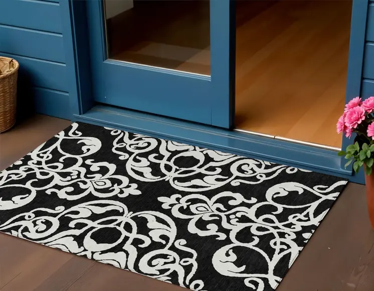 3' X 5' Black And Ivory Damask Washable Indoor Outdoor Area Rug