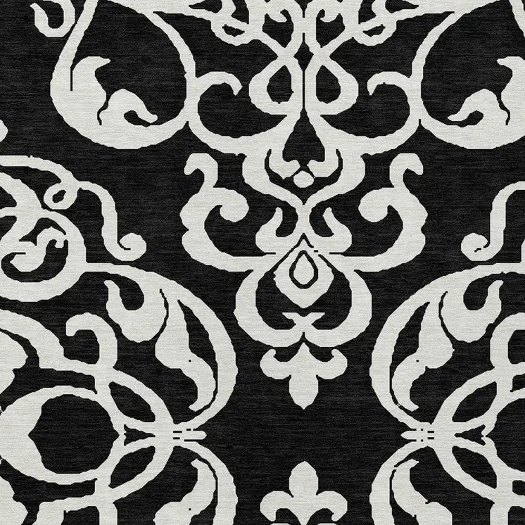 3' X 5' Black And Ivory Damask Washable Indoor Outdoor Area Rug