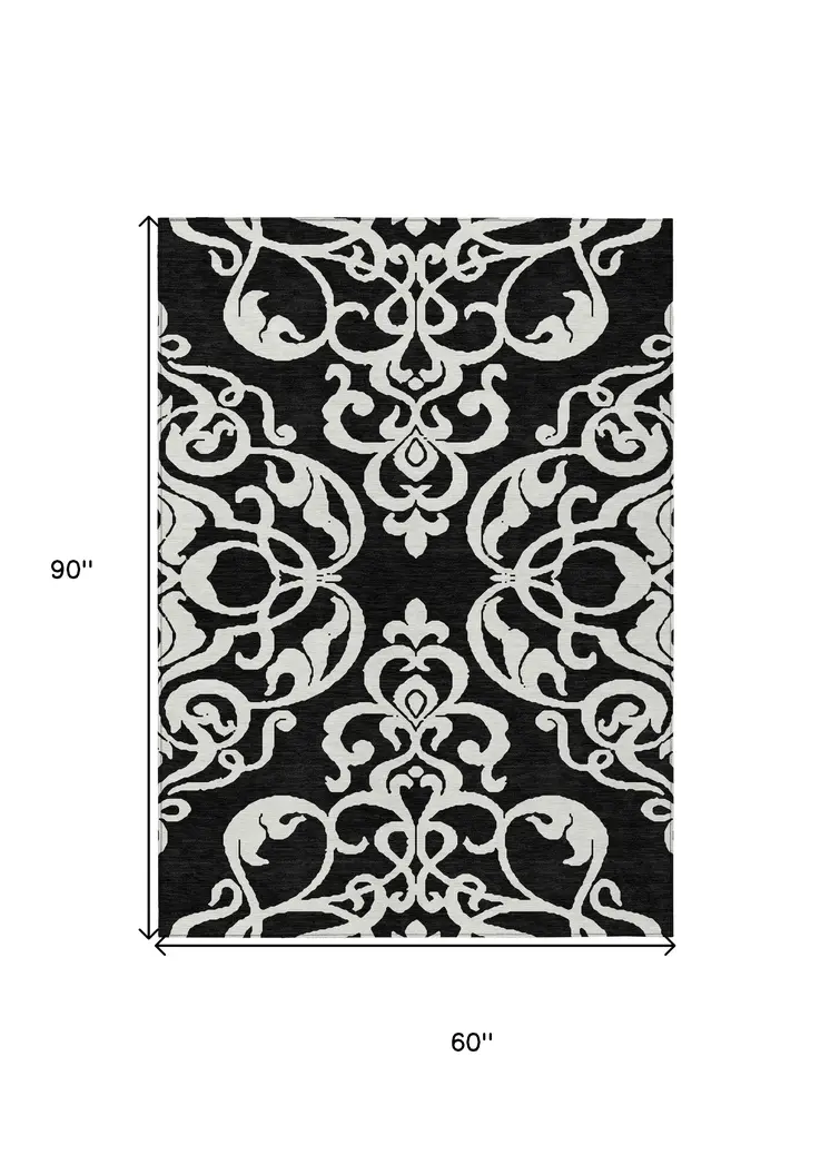5' X 8' Black And Ivory Damask Washable Indoor Outdoor Area Rug