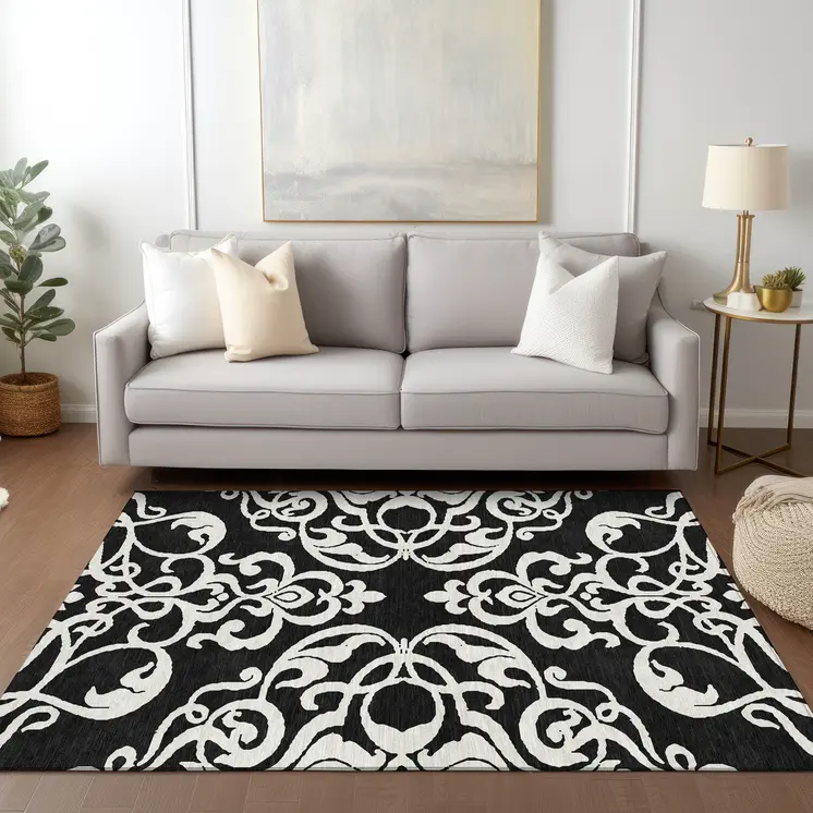 5' X 8' Black And Ivory Damask Washable Indoor Outdoor Area Rug