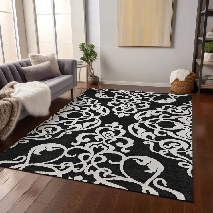 5' X 8' Black And Ivory Damask Washable Indoor Outdoor Area Rug