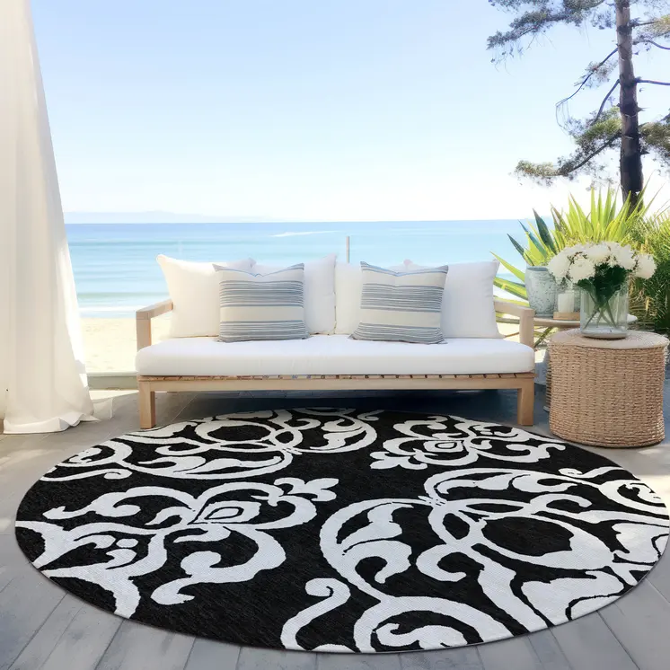 8' Black And Ivory Round Damask Washable Indoor Outdoor Area Rug