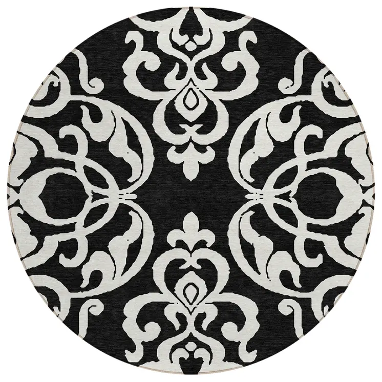 8' Black And Ivory Round Damask Washable Indoor Outdoor Area Rug