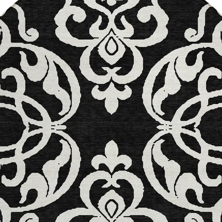 8' Black And Ivory Round Damask Washable Indoor Outdoor Area Rug