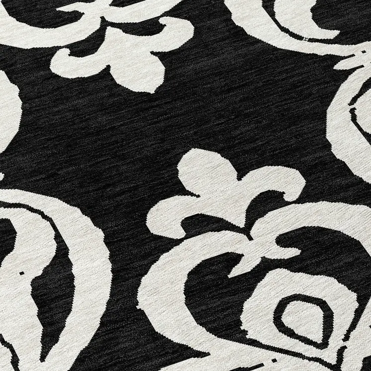 8' Black And Ivory Round Damask Washable Indoor Outdoor Area Rug