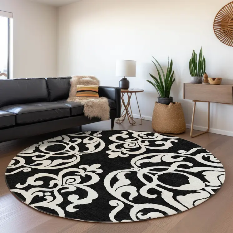 8' Black And Ivory Round Damask Washable Indoor Outdoor Area Rug