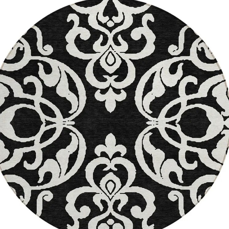 8' Black And Ivory Round Damask Washable Indoor Outdoor Area Rug