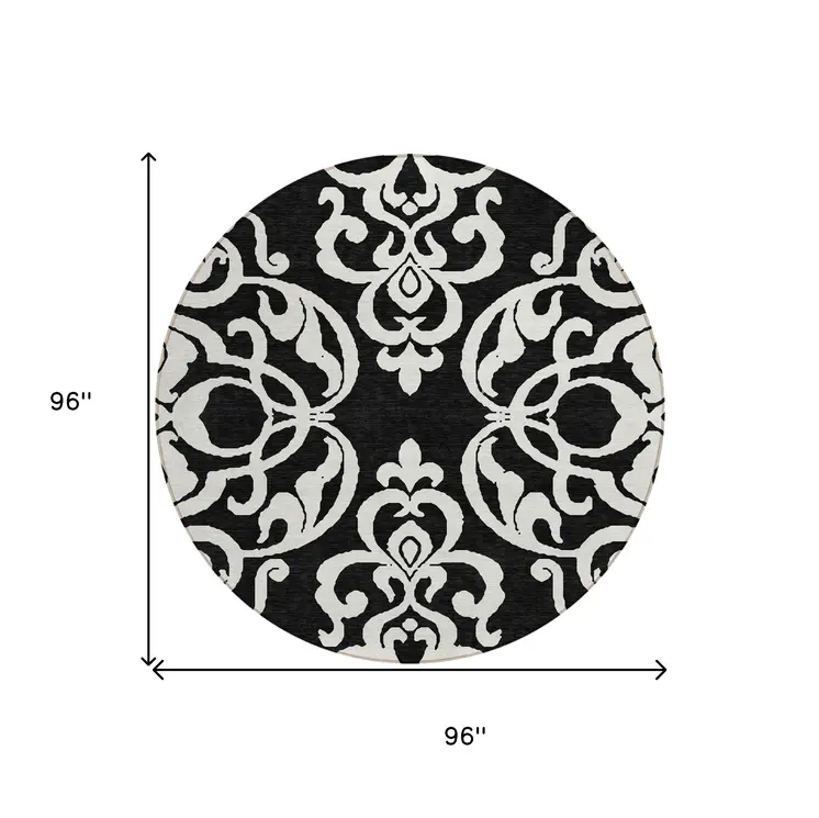 8' Black And Ivory Round Damask Washable Indoor Outdoor Area Rug
