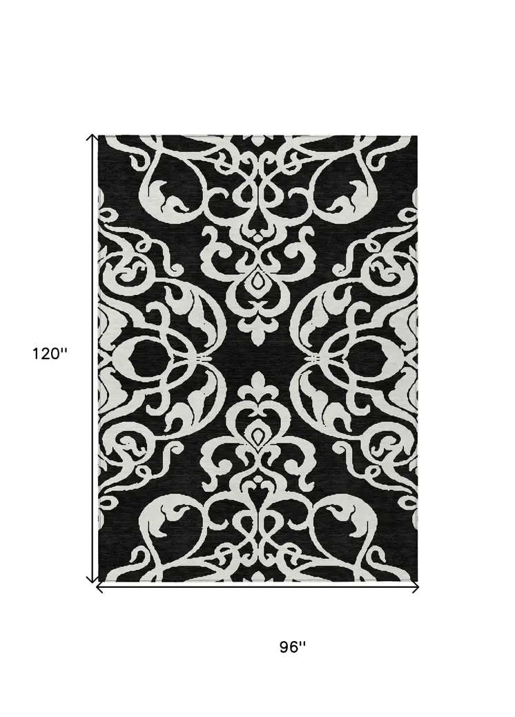 8' X 10' Black And Ivory Damask Washable Indoor Outdoor Area Rug