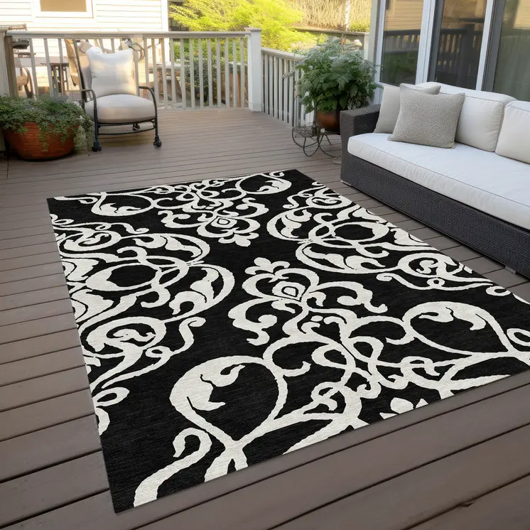 8' X 10' Black And Ivory Damask Washable Indoor Outdoor Area Rug