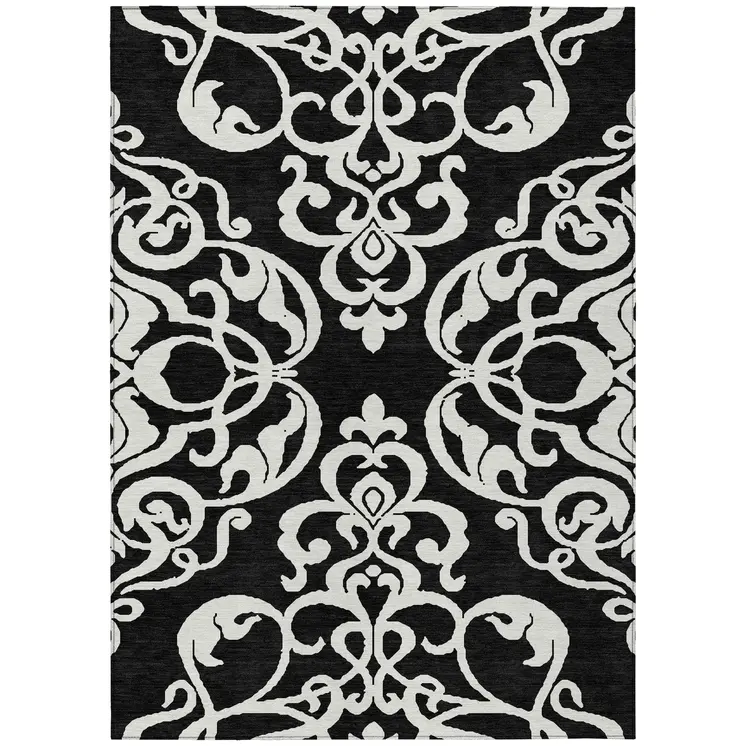 8' X 10' Black And Ivory Damask Washable Indoor Outdoor Area Rug