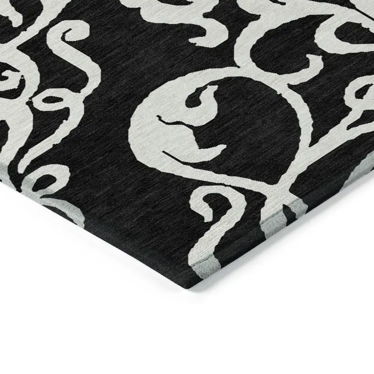8' X 10' Black And Ivory Damask Washable Indoor Outdoor Area Rug
