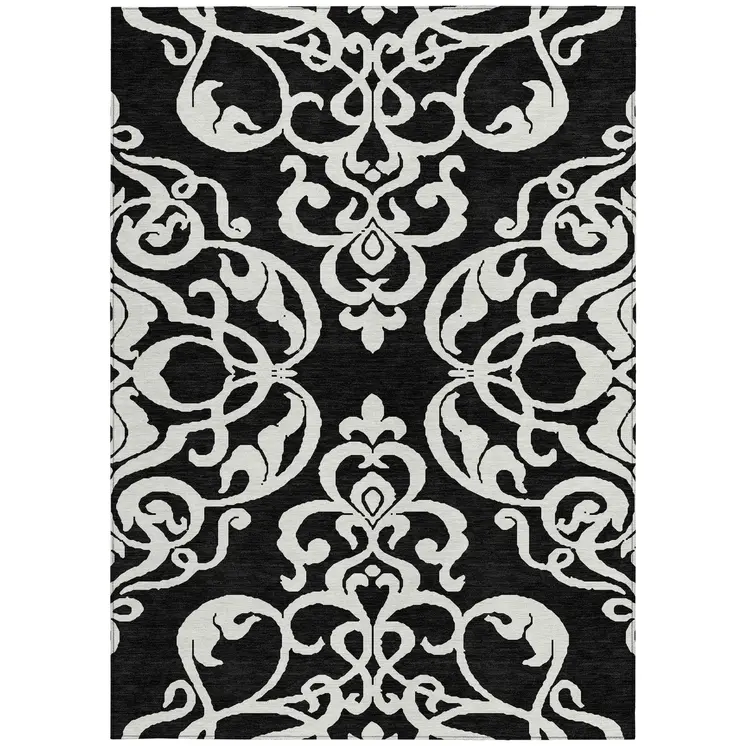 8' X 10' Black And Ivory Damask Washable Indoor Outdoor Area Rug