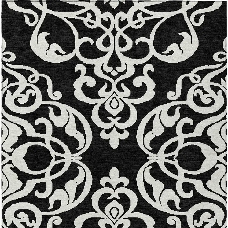 9' X 12' Black And Ivory Damask Washable Indoor Outdoor Area Rug