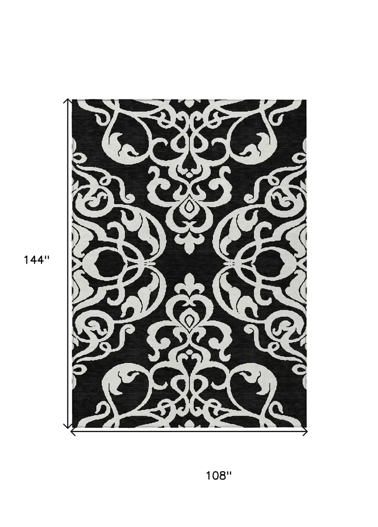 9' X 12' Black And Ivory Damask Washable Indoor Outdoor Area Rug
