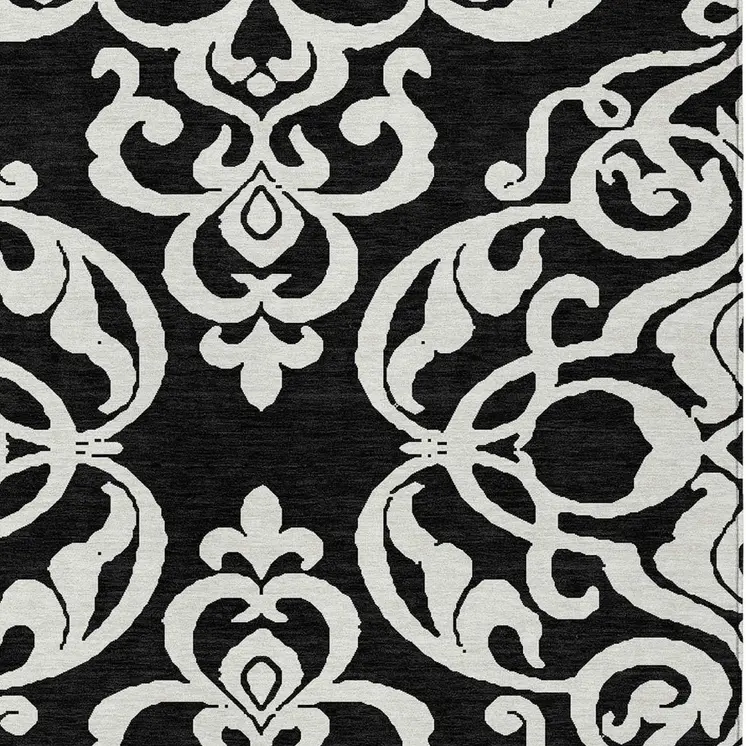 9' X 12' Black And Ivory Damask Washable Indoor Outdoor Area Rug
