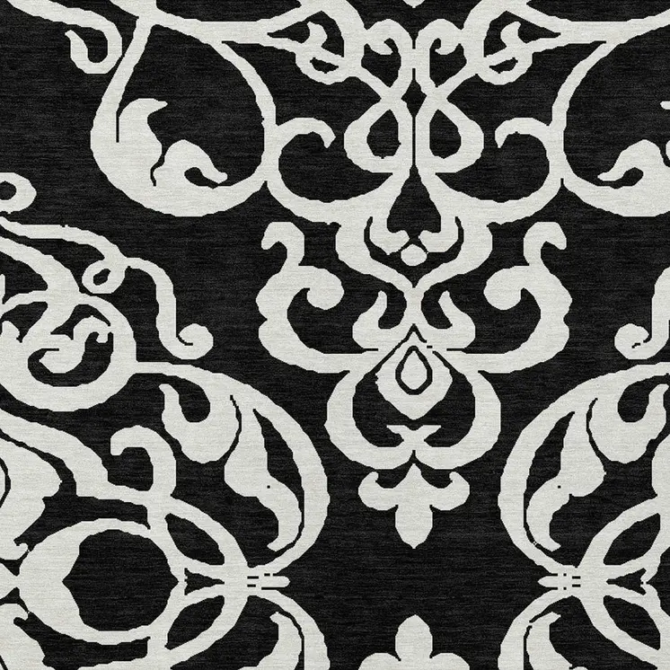 10' X 14' Black And Ivory Damask Washable Indoor Outdoor Area Rug