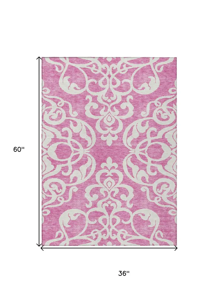 3' X 5' Blush And Ivory Damask Washable Indoor Outdoor Area Rug